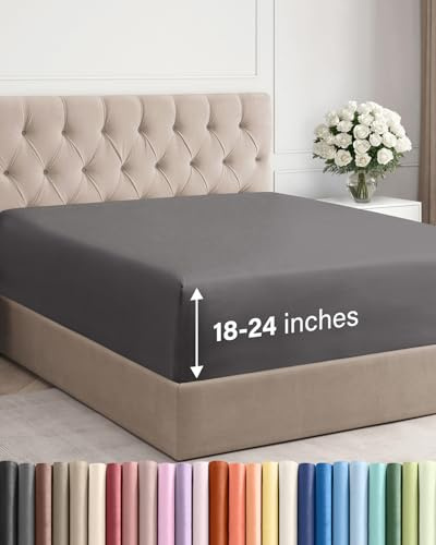 Extra Deep King Fitted Sheet - Hotel Luxury Single Fitted Sheet Only - Easily Fits 18 inch to 24 inch Mattress - Ultra Soft, Wrinkle & Fade Free w/Extra Deep Pockets - Breathable & Comfy - Dark Grey