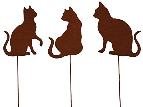 UNUS Garden Katzen Gartenstecker 3er Set, Gartendeko Rostoptik, Roststecker aus Edelrost Metall, Rost Deko für Garten Terrasse Balkon