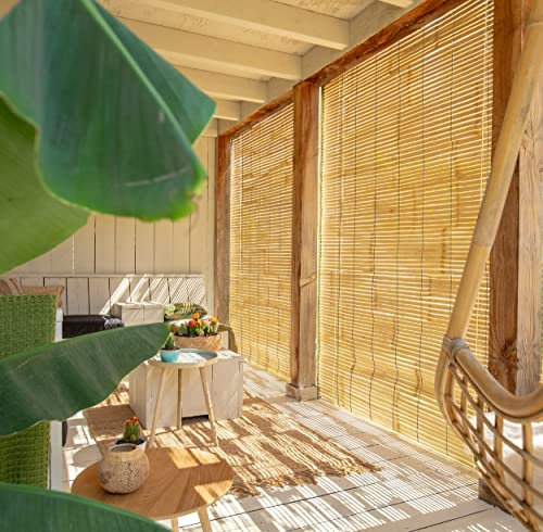 DE-COmmerce Bambusrollo Nature 150x200 cm Fensterrollo, Jalousie für Innen & Außen, ohne Bohren montierbar, wetterfester Sichtschutz & Sonnenschutz für Fenster & Türen aus Bambus