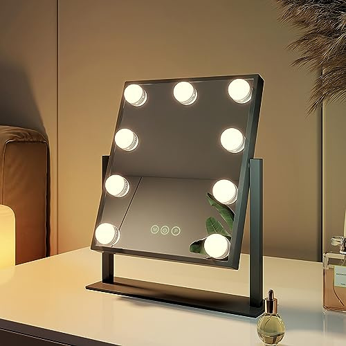 EMKE Hollywood Schminkspiegel mit Beleuchtung 25x30cm Schwarz, dimmbar | 360 Grad drehbar, 9 LED Lampen, 3 Lichtfarben, Speicherfunktion, Kosmetikspiegel für Schminktisch