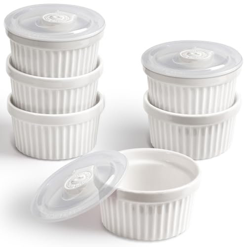 homEdge Set di 6 pirottini in porcellana con coperchio, 240 ml, ciotola per gelato, crème brûlée, soufflé, per cottura al forno, colore: bianco