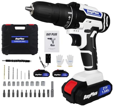 Cordless Drill Driver 21V, Cordless Drill Power Tool with 25+1 Torque, 2 Speed, LED Light, 29 Accessories, Combisaw & Screwdriver Kit for Home and Garden DIY, (2 Batteries)-White
