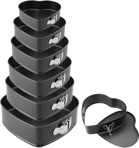 DAKFOOK Set di 6 teglie da forno a molla con fondo rimovibile, antiaderente, a forma di cuore, per cheesecake, torte a strati, quiche