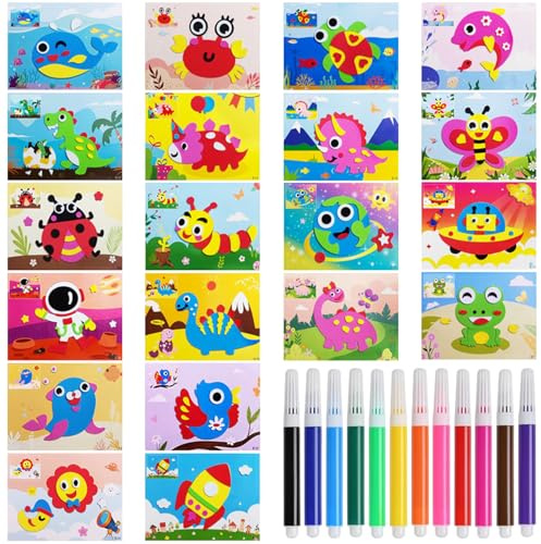 Unvtap 20 Stück EVA Schaumstoff Aufkleber Puzzle 3D Sticker Set mit 12 Aquarellstiften DIY Bastelmaterial Cartoon Aufkleber Set