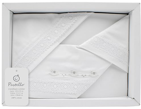 PASTELLO - Juego de cama para cuna de 3 piezas, 100% algodón para bebés, juego completo de sábanas con bordado (Art. LL31E, PERLA)