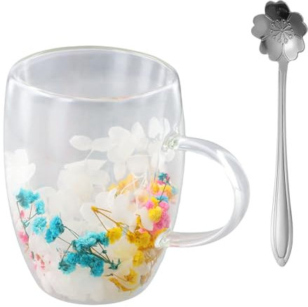 Hnonoxy Tazza Trasparente Con Fiori Secchi, 350 ml Tazze da Caffè in Vetro con Fiori Secchi, Tazza Doppia Parete con Manico per Te Caffè Latte Cappuccino Espresso, Bevande Calde o Fredde