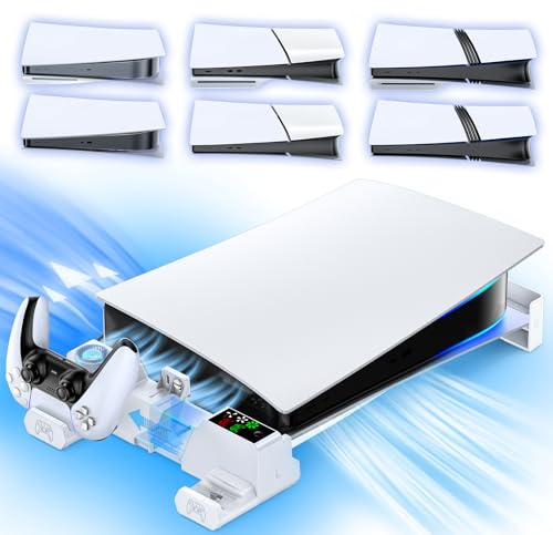 PS5 Horizontaler Ständer kompatibel mit PS5/Slim/Pro, PS5 Lüfter und PS5 Ladestation für Original & Edge Controller, erweiterbar PS5 Horizontal Stand für alle PS5 Disc & Digital, PS5 Zubehör Weiß