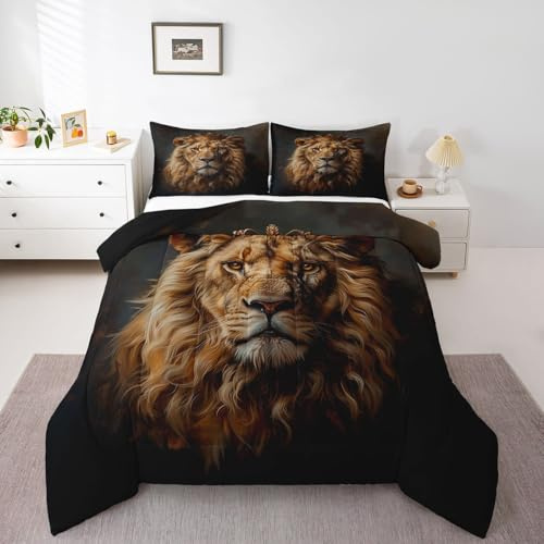 Juego de edredón infantil con patrón de león 3D para niños, tamaño individual, juego de ropa de cama acolchado con calavera de animales salvajes con 1 funda de almohada, ropa de cama ligera, suave y