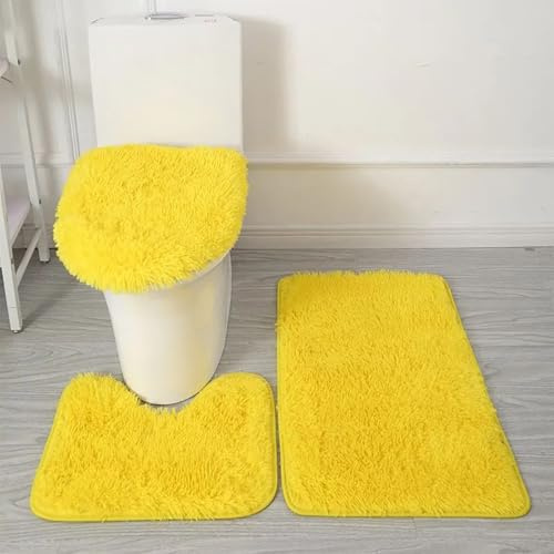 Genérico Juego de 3 Alfombrillas de Baño de Microfibra Suave – Antideslizante, Absorbente, Lavable a Máquina, Alfombra Contorno WC y Funda de Tapa de Inodoro (Amarillo Vivo)