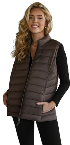 OZONEE Damen Weste Steppweste Kapuze Vest Ärmellos Jacke Übergangs Daunenweste Damenweste Steppweste Sportweste Übergangsjacke Bodywarmer Längere Outdoor 777/9107KA BRAUN/GRAU XL