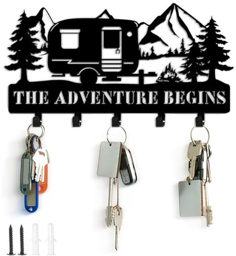 Wasise Caravan Decorations - Key Holder for Wall, Metal Key Holder Wall Mount, Motorhome Essentials Key Rack, Camping Design Keys Organizer Rack with Hooks, Rustic Keys Hook for Walls Mounted Decor