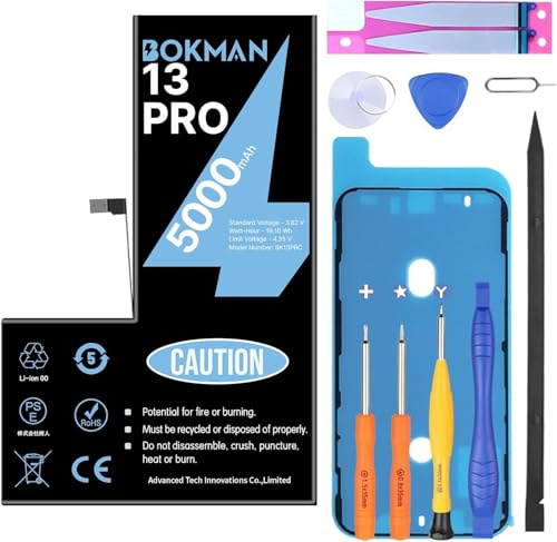 bokman Batterie pour iPhone 13 Pro 5000mAh Haute Capacité Batterie avec Outils de réparation