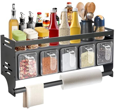 Tokenhigh Spice Rack Wall Mounted, Kitchen Storage Shelf with Paper Towel Holder & 5 Removable Seasoning Boxes, Stainless Steel Condiment Organiser for Spice Jars Oil Bottles (5 Spice Box)