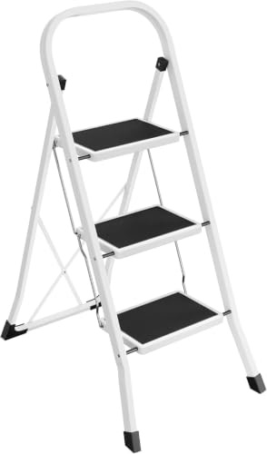 Scaletta Pieghevole in Acciaio, 3 Gradini con Corrimano, Salvaspazio Extra-Sottile (4,5 cm), Stabile e Antiscivolo, Portata Massima 150 kg], Ideale per Casa, Cucina e Ufficio