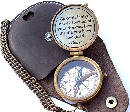 Thoreau's Go Confidently Quote Engraved Nautical Compass with Stamped Leather Case - Camping & Boating Compass - Graduation Gift - Rustic Vintage Home Decor