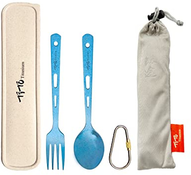 TiTo Titanium Spork Tableware Set Outdoor Camping Titanium Spoon Knife Collection 3 New Environmental Protection Sets with Box And Cloth Bag (2pcs Blue Spoon fork)
