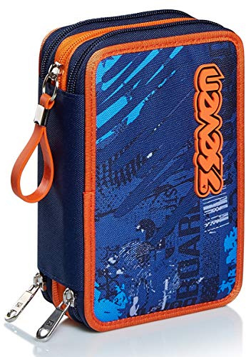 Seven Federmäppchen Kinder, Mäppchen Junge mit Inhalt, Federtasche Schule 3 Fächer,Schüleretui, groß mit Blei- und Filzstiften, blau/orange