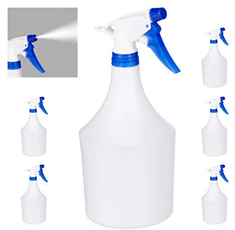 Relaxdays 6 x Sprühflasche Pflanzen, einstellbare Düse, 1 Liter Handsprüher, mit Skala, Kunststoff, Blumensprüher, weiß-blau