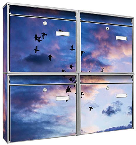 banjado Briefkastenanlage 4 Fach - Postkästen groß - verzinkter Stahl Silber DIN A4 Motiv Himmel Vögel - Briefkasten Set 4 Briefkästen Namensschild, 2 Schlüssel, Montagematerial