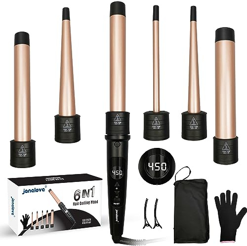 6 in 1 Hair Wand Curling Iron - Janelove 180-450℉ Long-Lasting Ceramic Hair Curlers, 0.35 to 1.25 inch Curling Wand Set for All Women, 100-220V Hair Waver with LCD- Gold