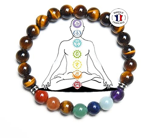 Attraction Zen Bracelet 7 Chakras en Pierres Véritables et Œil de Tigre | Bijou Énergétique Mixte | Perles 8mm Élastiques | Bracelet Yoga Méditation Reiki | Coffret Cadeau + Ebook Offert