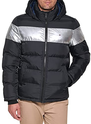 Tommy Hilfiger Hooded Puffer Jacket Manteau Alternatif en Duvet, Rayures Noires et argentées, M Homme