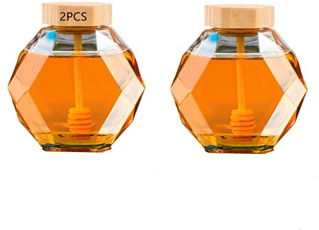2 Pieces of Crystal Shaped Glass Honey Jar, Wooden Lid With Dipper, Glass Honey Dispenser 380ml, Suitable for Storage Container in Home Kitchen