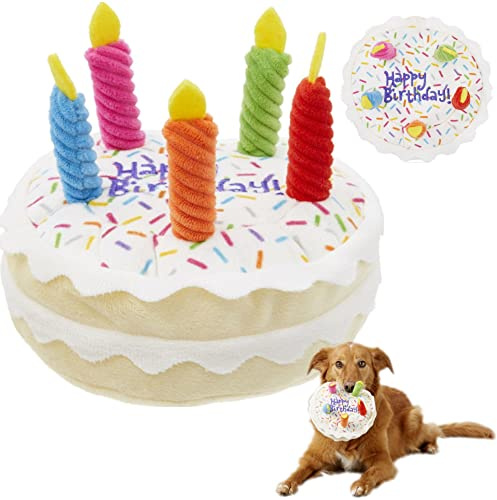 RunFa Hundespielzeug für Geburtstagskuchen, weiches Plüsch, quietschendes Spielzeug mit bunten Kerzen, langlebig, lustig, gefüllt, Kauspielzeug für große Rassen, Geburtstagsgeschenk