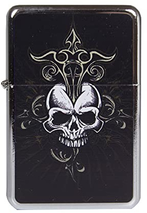 Benzinfeuerzeug American Style Benzin Feuerzeug robust Metall Sturmfeuerzeug Geschenk Outdoor Camping Windfest Wetterfest Designs Farben - Motivserie A (Motiv 17 - Tattoo Skull)