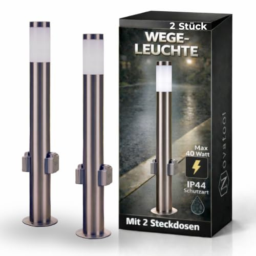 Novatool 2X Gartenlampen I 80 cm I mit 2 Steckdosen I Edelstahl I IP44 I E27 Sockel I Gartenleuchten Stehlampen Säulenlampen außen Stromverteiler Mehrfachsteckdose Steckdosensäule Outddoor