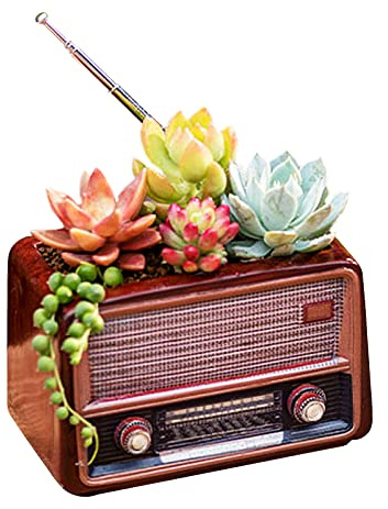 JIATAY Holztöpfe, Mini Blumentopf, Retro Harz Sukkulenten Pflanzgefäß Bonsai Topf Schreibtisch Halter Mini Ornament (Radio Mahagoni)