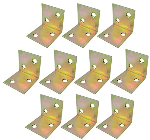 AERZETIX - C58857 - Set di 10 Staffe di montaggio e fissaggio 30x30x30x1.5mm ad angolo retto - con 4 fori rotondi - montaggio rinforzo mensole mobili legno - in acciaio zincato giallo