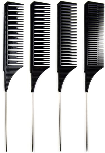 Salon Highlighting Combs Set - 4 Black Pin Tail Weaving Combs for Precise Foiling and Sectioning