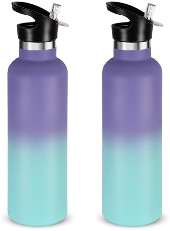 Volhoply 750ml Botellas Agua Acero Inoxidable con Tapa de Paja 2 paquetes,Botella de Deporte Aislada con Asa, Termo de Agua de Metal de Doble Pared- Libre BPA para Escuela, Niños(Gradiente,2 Set)