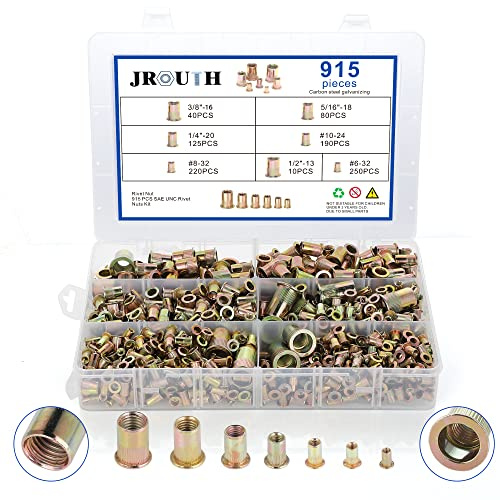 915pcs Rivet Nut Kit SAE UNC Rivet Nuts Assortment 6#-32, 8#-32, 10#-24, 1/4-20, 5/16-18, 3/8-16, 1/2-13, Zinc Plated Carbon Steel Nut Inserts Rivnuts Nutserts Kit - JROUTH