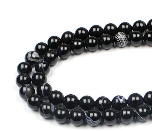 MJDCB 8mm 43st Sten Pärlor Svart Randig Agat Runda Lösa Naturliga Halvädelsten för Tillverkning Armband Halsband Smycken