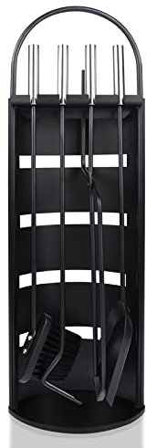 XMTECH Set di 5 posate per camino, accessori per camino, in metallo, design moderno, per cucina, casa, attrezzi per camino, con scopa, pala e supporto con protezione per la privacy, nero (5 pezzi)