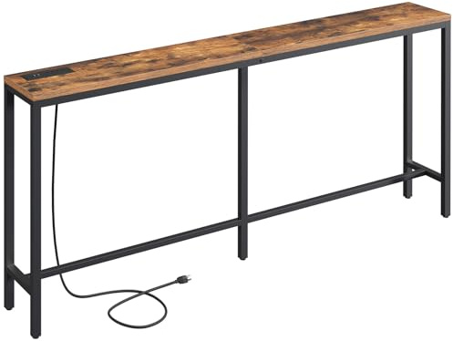 MAHANCRIS 70.9'' Console Table with Power Outlet, Narrow Sofa Table with Charging Station, Skinny Behind Couch Table for Entryway, Hallway, Foyer, Living Room, Rustic Brown CTHR18E01Z1