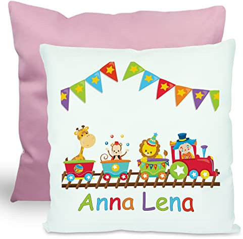 CreaDesign, Kinder Kissen 40x40 cm personalisiert mit Namen, Kinderzimmer Deko Kissen Kinder mit Füllung Federn, Motiv Zug, Rückenfarbe Rosa