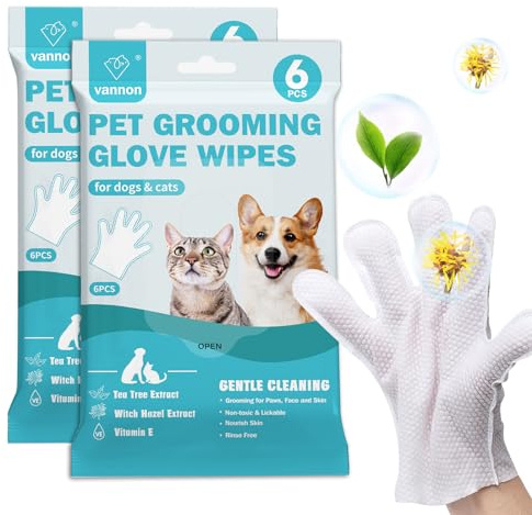 Vannon Extra Thick Pet Bathing Wipes for Dogs & Cats, Cleaning & Deodorizing Grooming Gloves, Nourish Fur Glove Wipes for Daily Care and Traveling, Rinse Free, Unscented, 2 Pack, 12 PCS