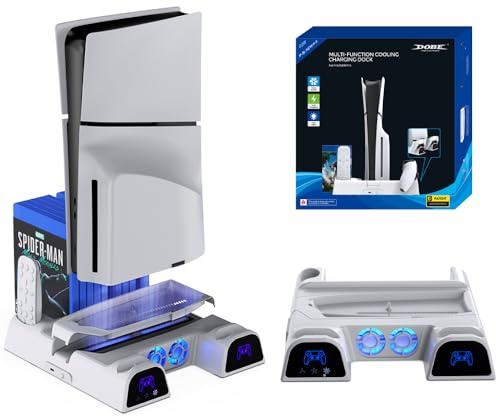 BeisDirect PS5 Ständer mit PS5 Kühler Lüfter Kühler für Playstation 5/PS5 Slim, PS5 Slim Vertikaler Ständer mit PS5 Controller Ladegerät Dockstation und 11 Spielplätzen + Konsolen-Fernbedienung