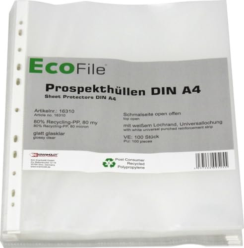 Prospekthülle A4 / 100 Stück/nachhaltig aus Post-Consumer-Recycling PP 80 my glatt glasklar extra stark, mit Abheftrand, Schmalseite oben offen – (80my)