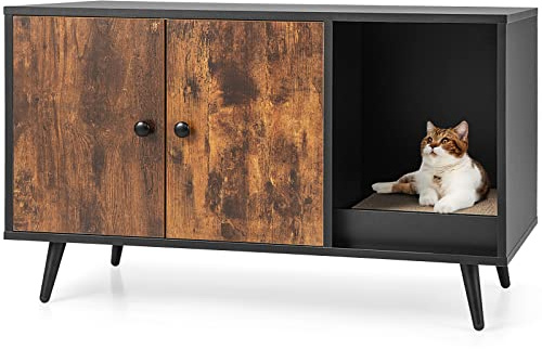 GOPLUS 2 in 1 Katzenschrank für Katzentoilette, Katzenhaus Holz mit Türen, Stahlbeine, abnehmbare Kratzbox, Wasser- und Kratzfest, Katzenhöhle für Katzen Haustier, 90x50x50cm (Vintage)