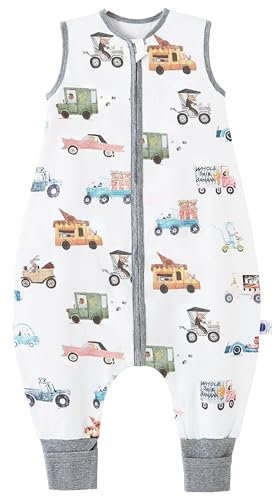 Chilsuessy Baby Sommerschlafsack mit Füßen 0.5 Tog Kleine Kinder Schlafsack mit Beinen Unwattiert 100% Baumwolle Schlafstrampler für Jungen und Mädchen, Bunte Autos, 80cm/Baby Höhe 90-100cm