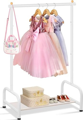 MISSLO Porte-vêtements pour enfants, petit porte-vêtements pour bébé avec étagère de rangement inférieure, rangement pour vêtements de danse, blanc