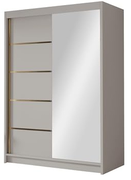 Mirjan24 Kleiderschrank mit Goldverzierung Laraso III 120 cm Breit, Garderobenschrank mit Spiegel, Schlafzimmerschrank mit Kleiderstange und Einlegeböden für Kleidung (Cashmere)