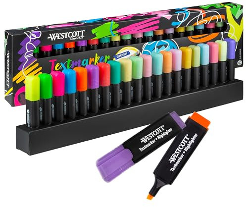 Westcott Set da tavolo con evidenziatori 20 pezzi in colori neon e pastello | Evidenziatori con sistema organizzativo | Spessore tratto 2-5 mm | Inchiostro premium dalla Germania | E-744250 00