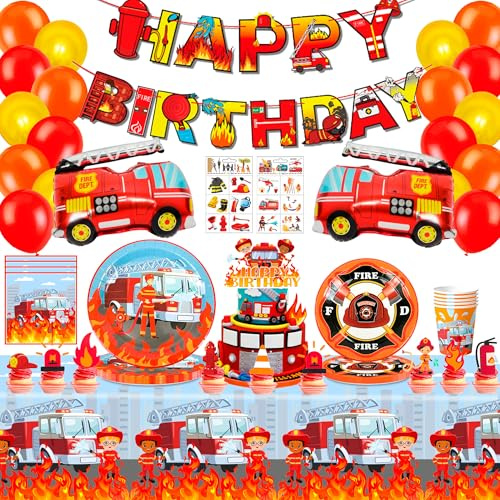 Feuerwehrauto Geburtstag Deko Set,16 Gäste Feuerwehr Partygeschirr Set luftballons Banner Feuerwehr Party Teller Tasse Tischdecke etc Feuerwehrauto Partyzubehör