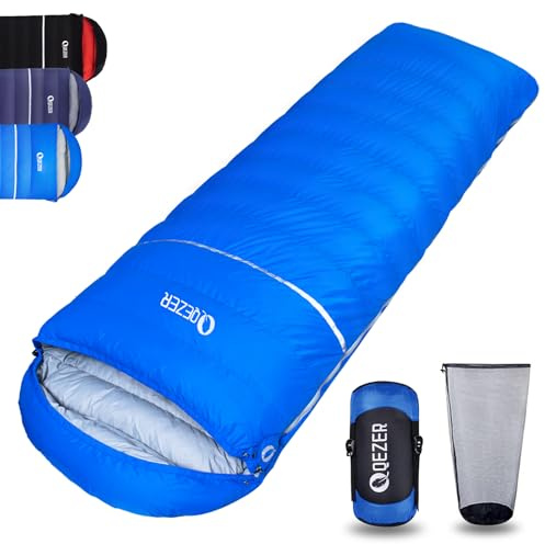 QEZER Daunenschlafsack, leicht, rechteckig, Winterschlafsack, 1180 g/1860 g, für Erwachsene und Kinder, 4-Jahreszeiten, Camping, Wandern, Lager und Bergsteigen, Outdoor, Blau, 1500 g Daunen