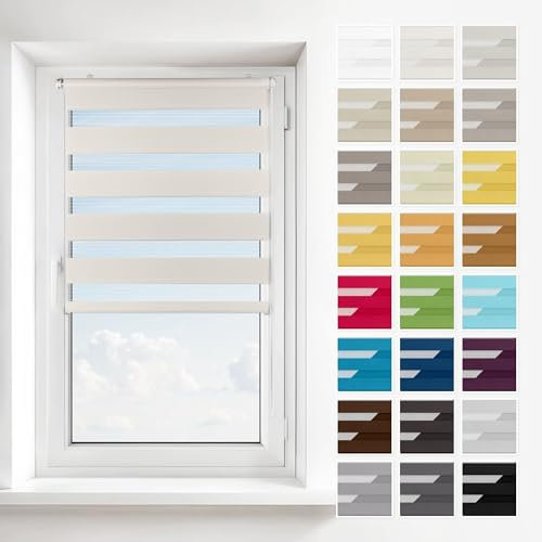 Estika Doppelrollo ohne Bohren, Schnelle 2 in 1 Montage - Klemmfix, Wand- oder Deckenmontage - Creme Farbe - 120 x 150 cm - Rollos für Fenster ohne Bohren, Fenster rollos für innen